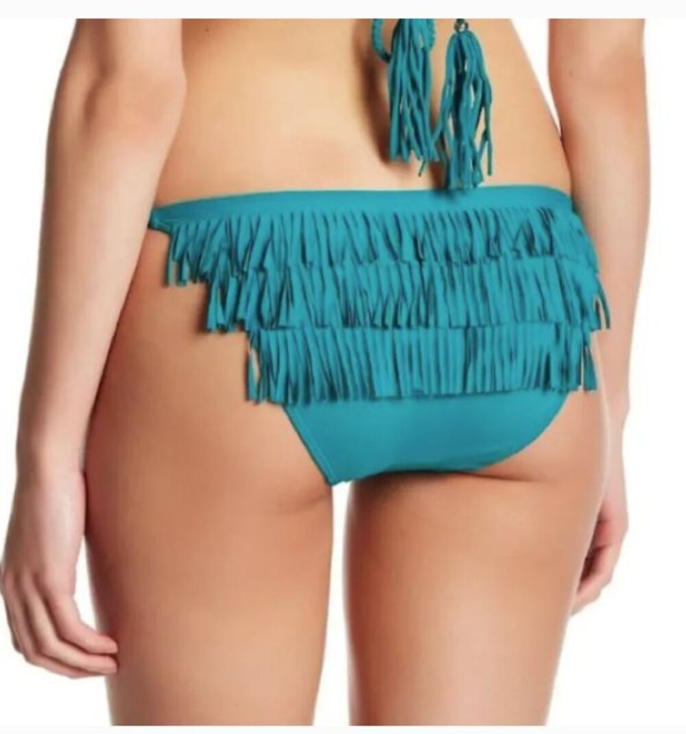 Despi Swimwear Bikini bottoms Tiered Braided fringe Side ties Tassel Teal Sz L